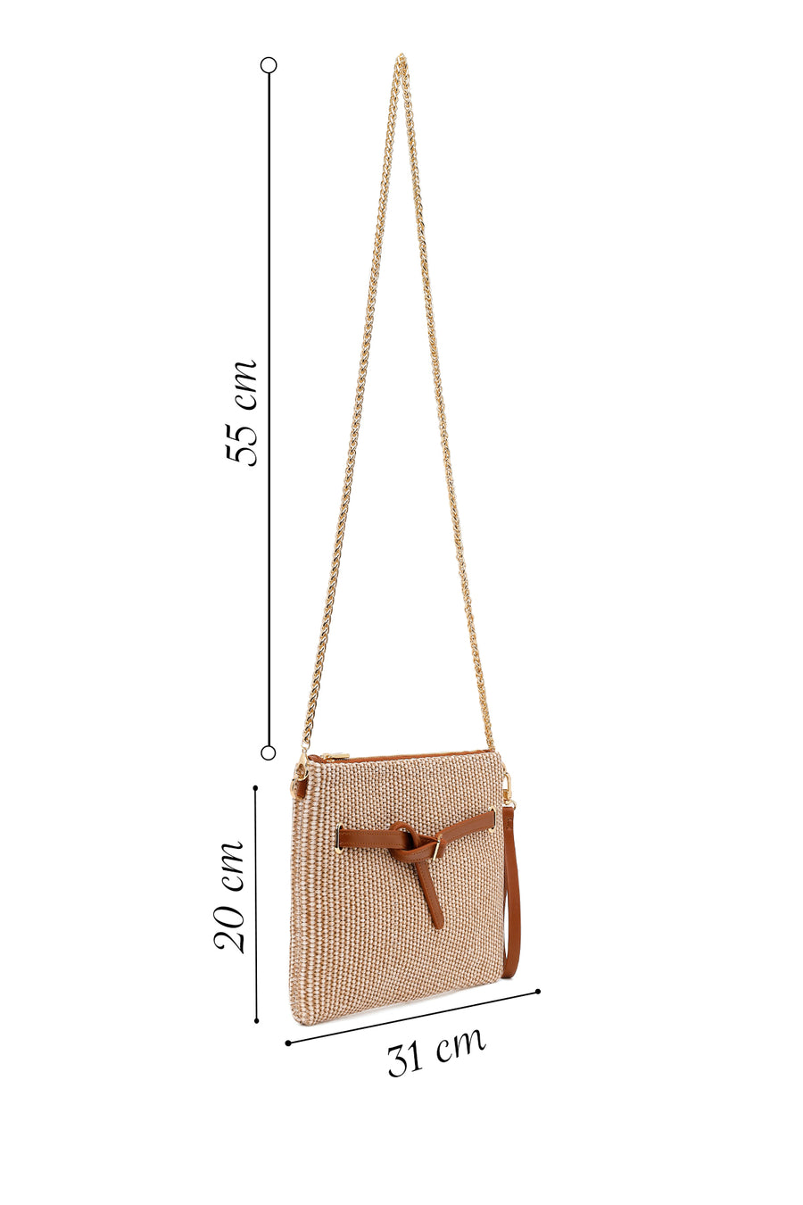 Woman Beige Wicker Clutch Bag with Long Chain Strap