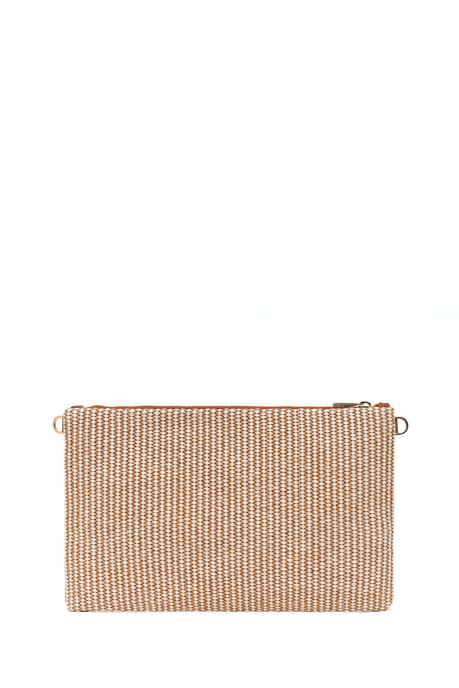Woman Beige Wicker Clutch Bag with Long Chain Strap