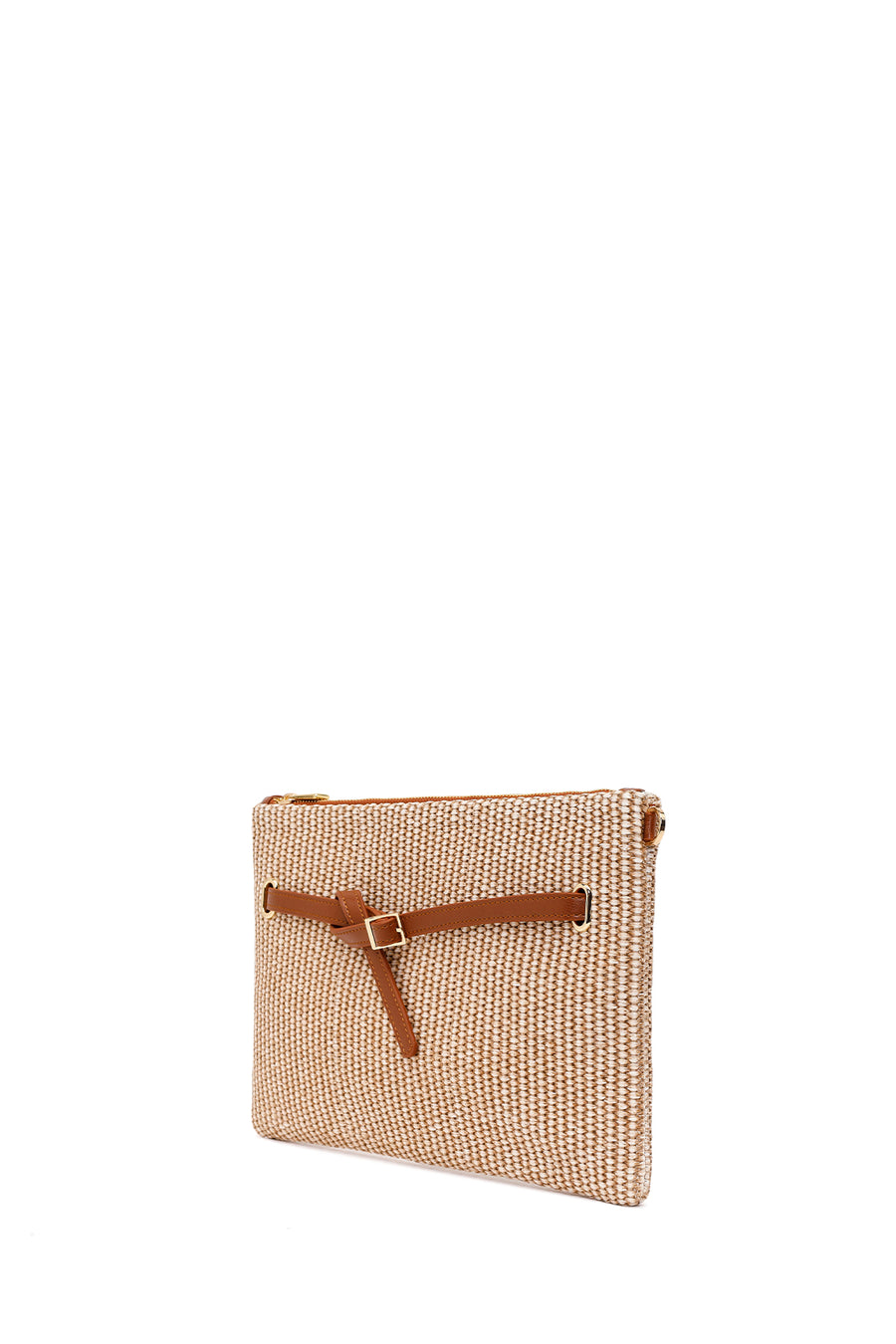 Woman Beige Wicker Clutch Bag with Long Chain Strap