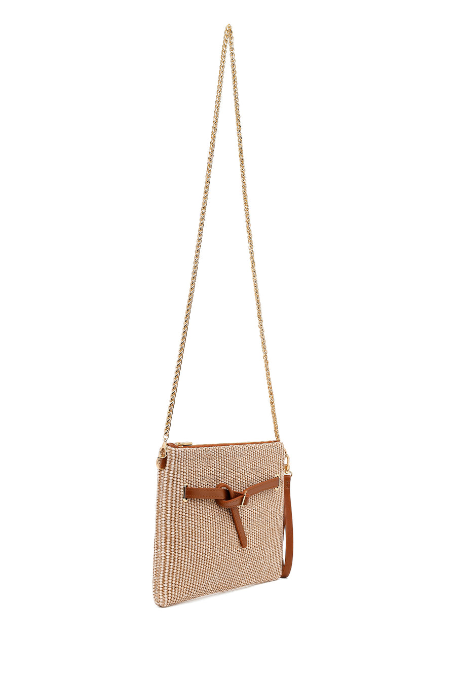 Woman Beige Wicker Clutch Bag with Long Chain Strap