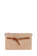 Woman Beige Wicker Clutch Bag with Long Chain Strap | Derimod