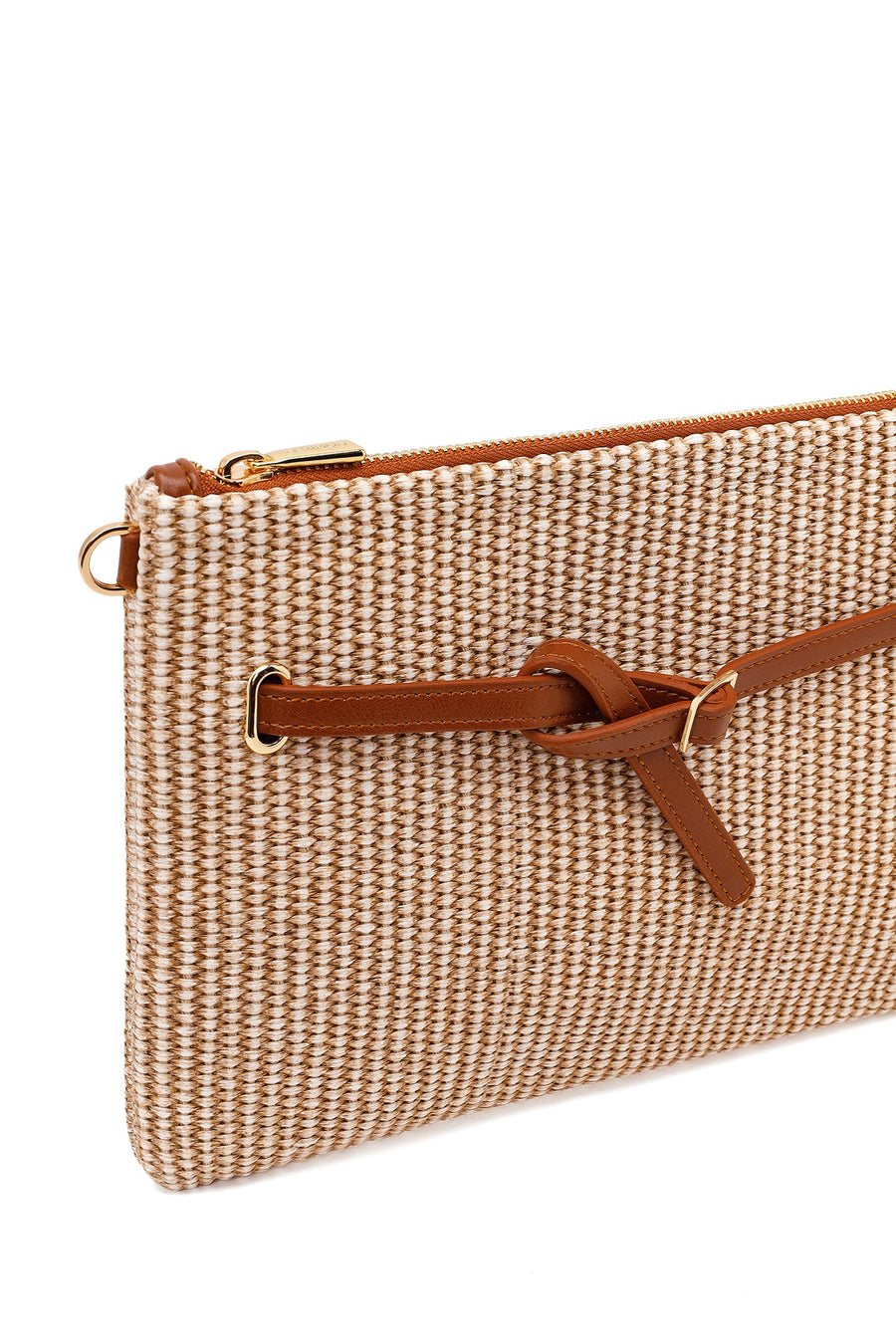Woman Beige Wicker Clutch Bag with Long Chain Strap