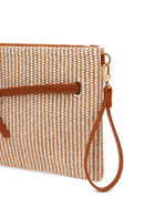 Woman Beige Wicker Clutch Bag with Long Chain Strap | Derimod