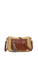 Woman Beige Long-Strap Wicker Crossbody Bag | Derimod