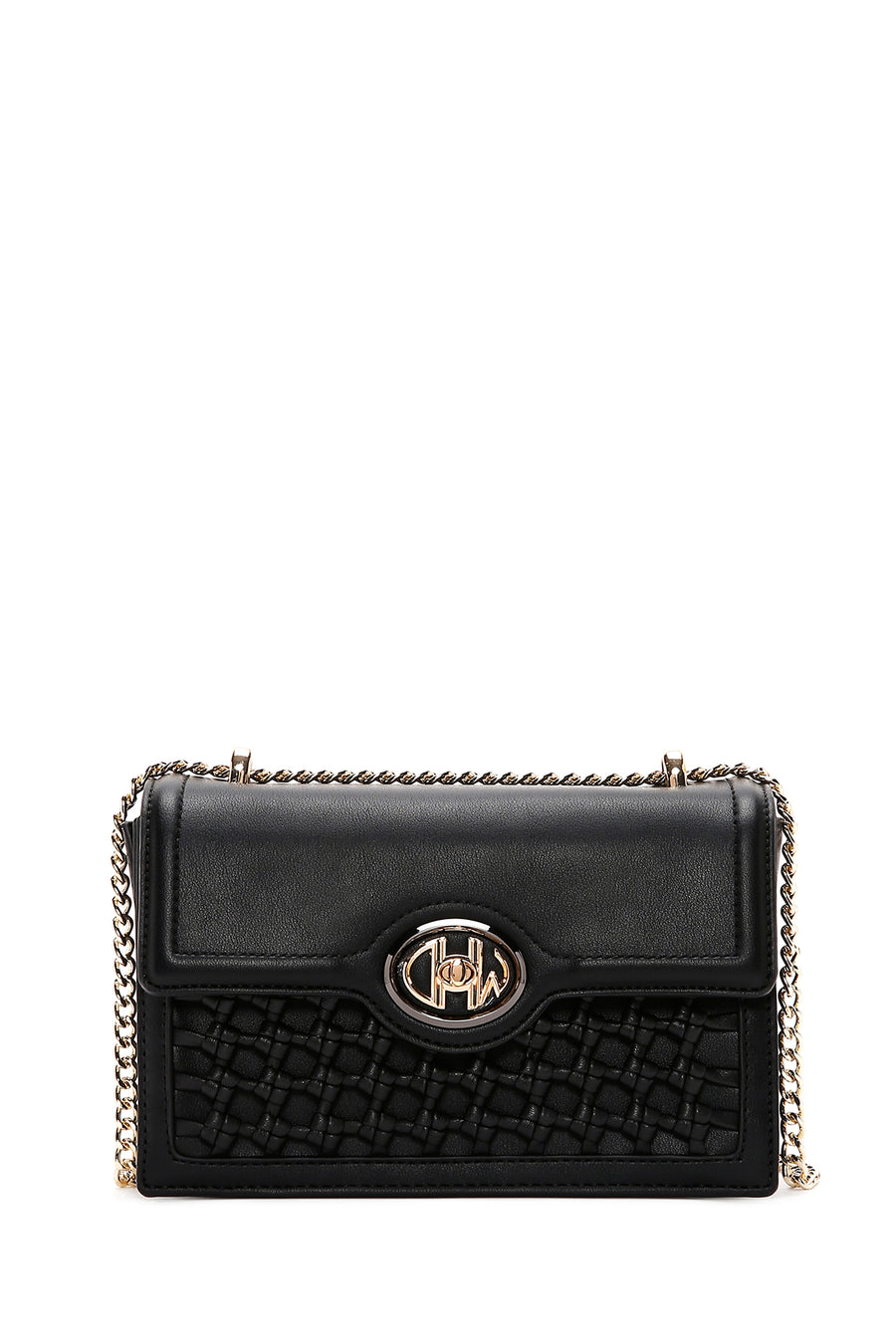 Woman Black Chain Strap Woven Crossbody Bag