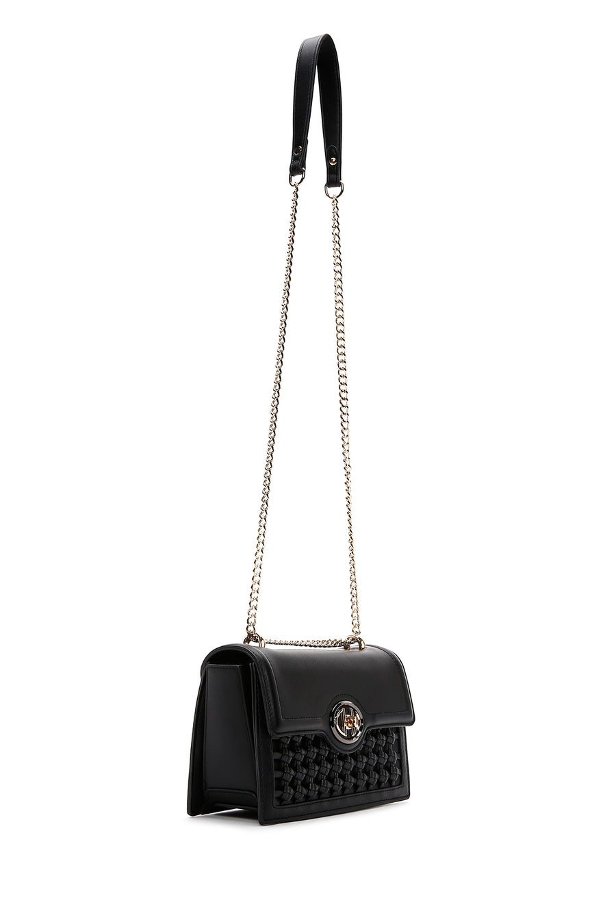 Woman Black Chain Strap Woven Crossbody Bag