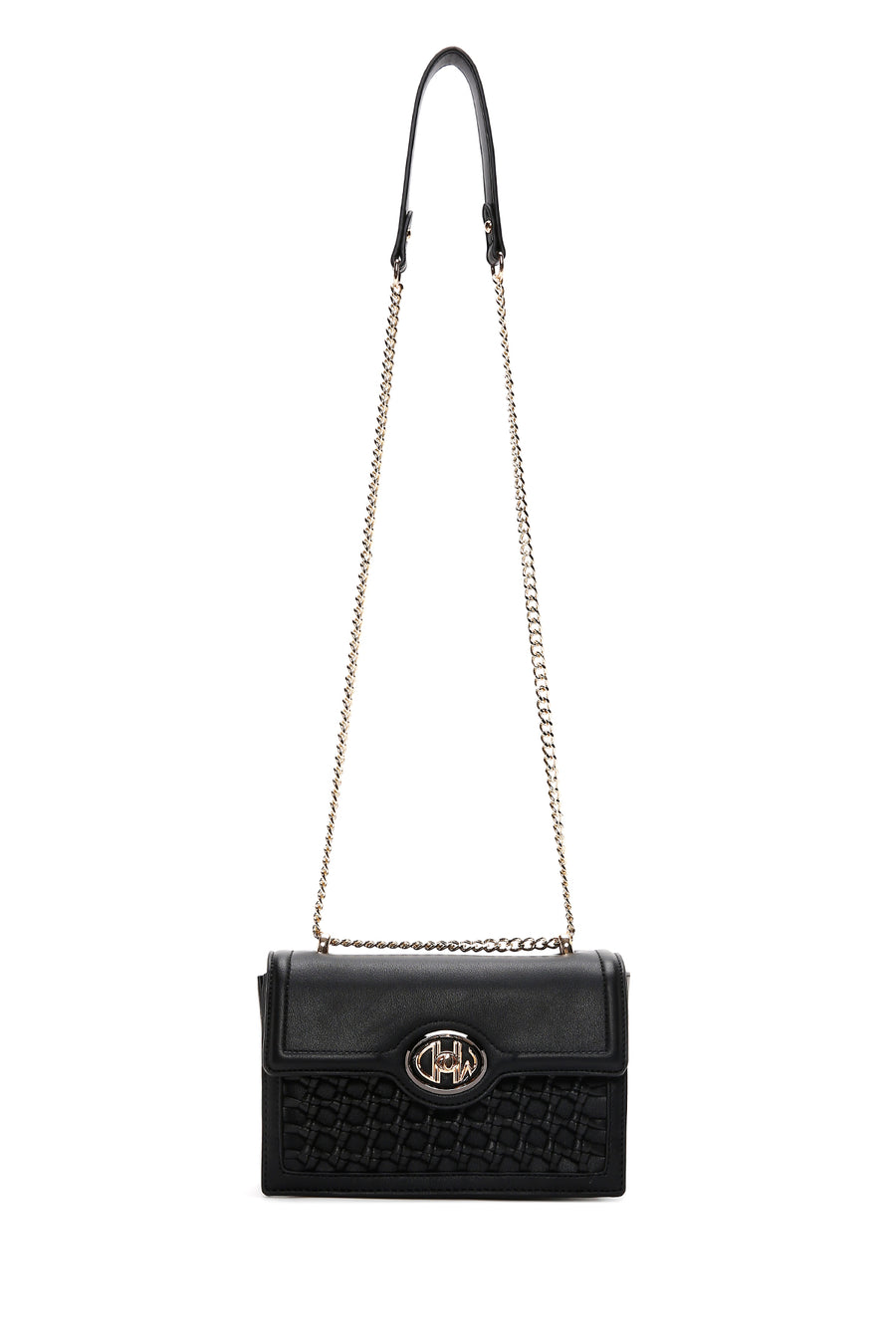 Woman Black Chain Strap Woven Crossbody Bag
