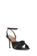 Women's Black Ankle Buckle High Thin Heel Fabric Sandals | Derimod