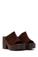 Women's Brown High Heel Suede Leather Slippers | Derimod