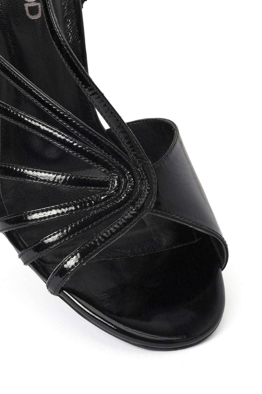 Women's Black Ankle Buckle High Thin Heel Metallic Leather Sandals