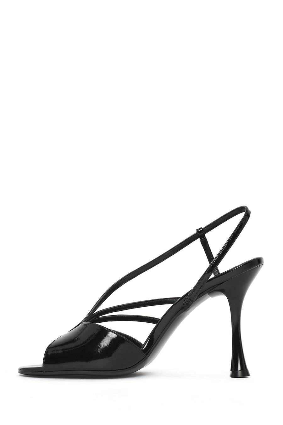 Women's Black Ankle Buckle High Thin Heel Metallic Leather Sandals