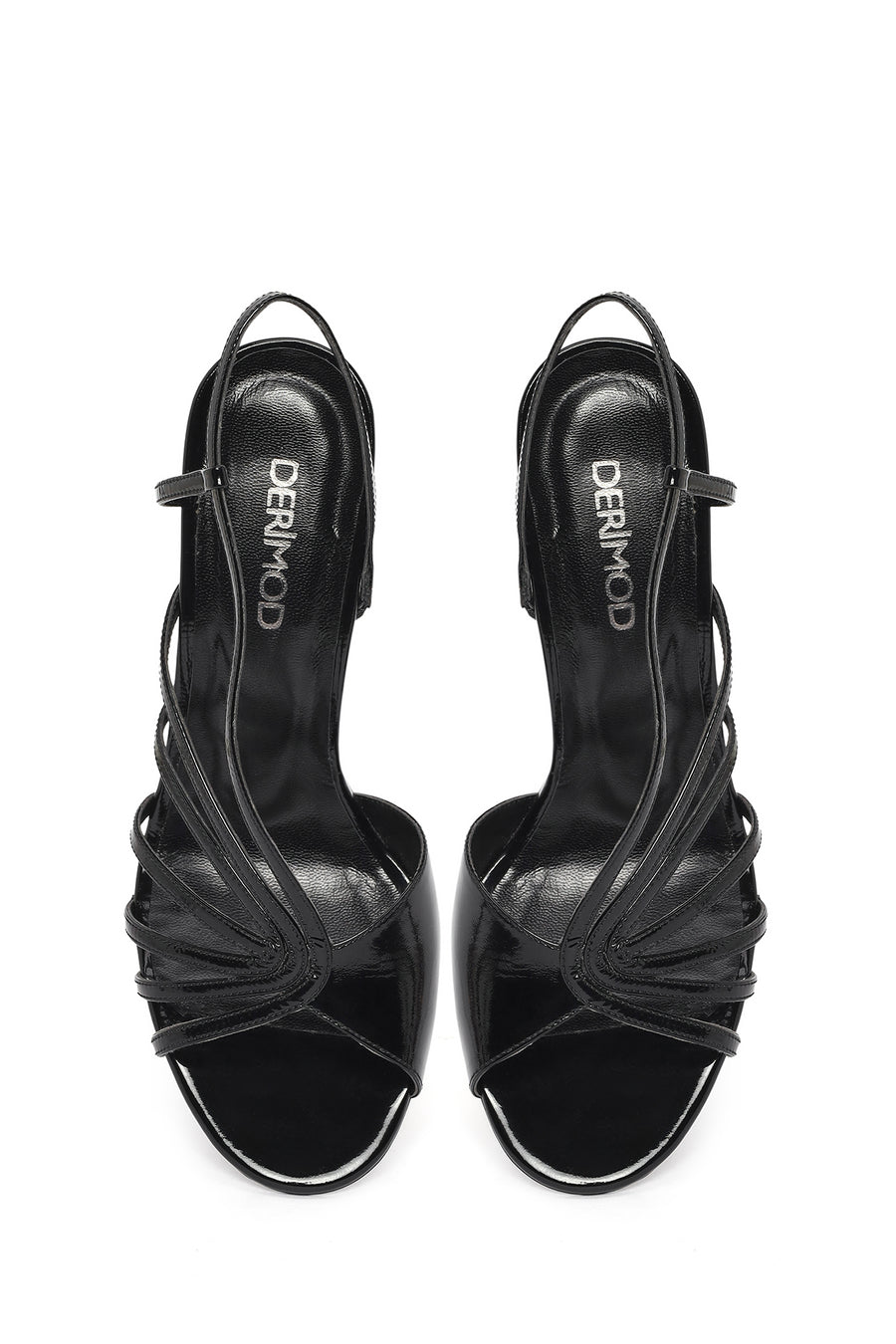 Women's Black Ankle Buckle High Thin Heel Metallic Leather Sandals