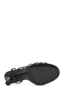 Women's Black Ankle Buckle High Thin Heel Metallic Leather Sandals | Derimod