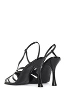 Women's Black Ankle Buckle High Thin Heel Metallic Leather Sandals | Derimod