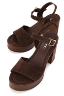 Woman Brown Buckled Platform Chunky Heeled Suede Sandal | Derimod