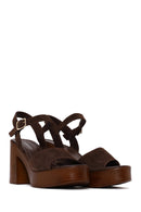 Woman Brown Buckled Platform Chunky Heeled Suede Sandal | Derimod