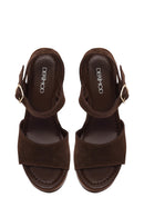Woman Brown Buckled Platform Chunky Heeled Suede Sandal | Derimod