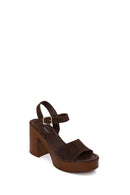 Woman Brown Buckled Platform Chunky Heeled Suede Sandal | Derimod