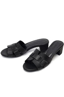 Women's Black Short Chunky Heel Leather Slippers | Derimod