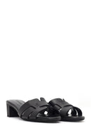 Women's Black Short Chunky Heel Leather Slippers | Derimod