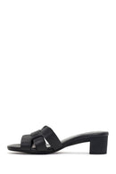 Women's Black Short Chunky Heel Leather Slippers | Derimod