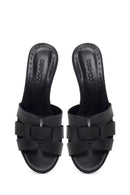 Women's Black Short Chunky Heel Leather Slippers | Derimod