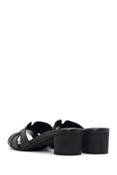 Women's Black Short Chunky Heel Leather Slippers | Derimod