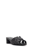 Women's Black Short Chunky Heel Leather Slippers | Derimod