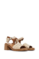Women's Beige Ankle Buckle Chunky Heel Leather Sandals | Derimod