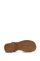 Women's Beige Ankle Buckle Chunky Heel Leather Sandals | Derimod