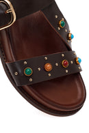 Woman Brown Jeweled Leather Sandals | Derimod