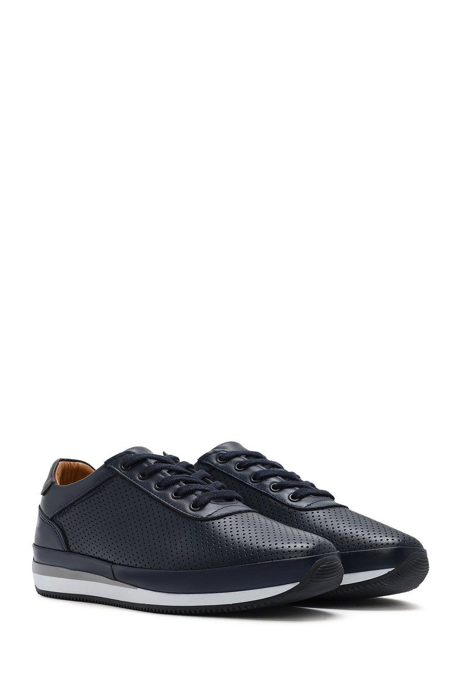 Erkek Lacivert Bağcıklı Deri Casual Sneaker