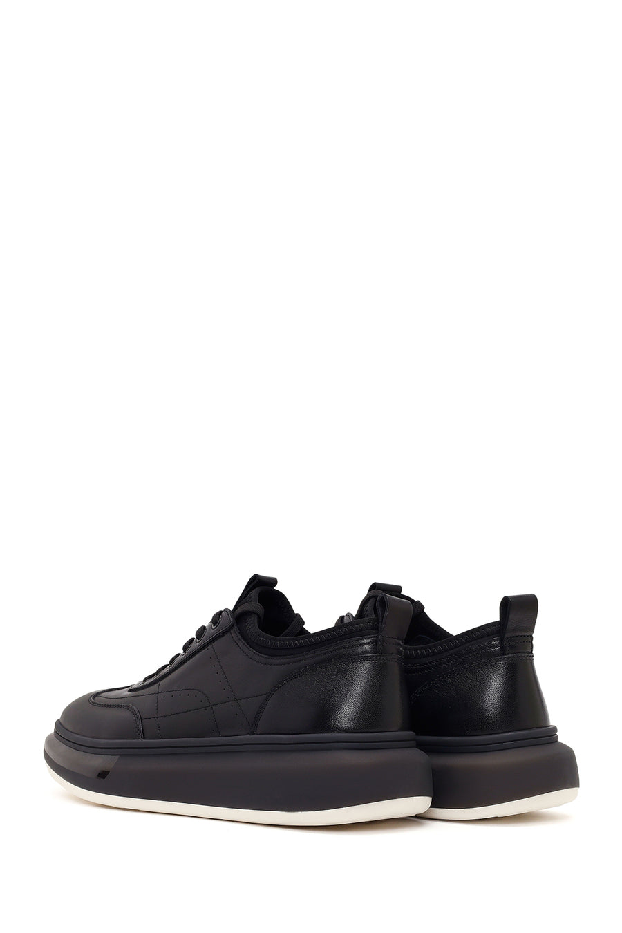 Erkek Siyah Bağcıklı Kalın Tabanlı Deri Sneaker