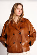 Gabriela Woman Camel A-Form Double-Breasted Leather Jacket | Derimod