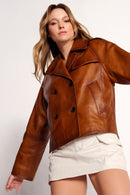 Gabriela Woman Camel A-Form Double-Breasted Leather Jacket | Derimod