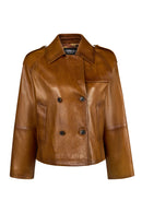 Gabriela Woman Camel A-Form Double-Breasted Leather Jacket | Derimod