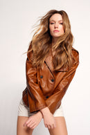 Gabriela Woman Camel A-Form Double-Breasted Leather Jacket | Derimod