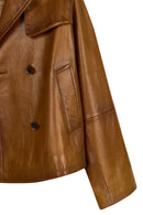 Gabriela Woman Camel A-Form Double-Breasted Leather Jacket | Derimod