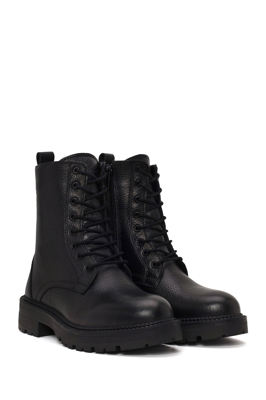 Woman Black Zip Closure Thick-Soled Leather Combat Boots