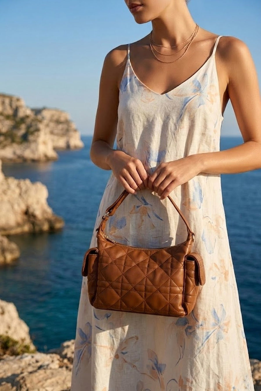 Woman Brown Long-Strap Quilted Shoulder Bag