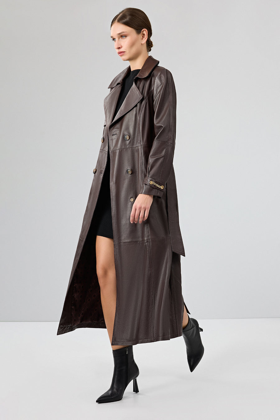 Jenny -X Women's Brown Belt Detailed Leather Trench Coat