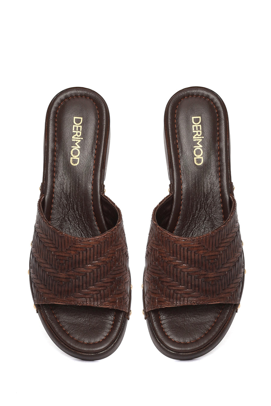 Women's Brown Patterned Short Chunky Heel Leather Slippers
