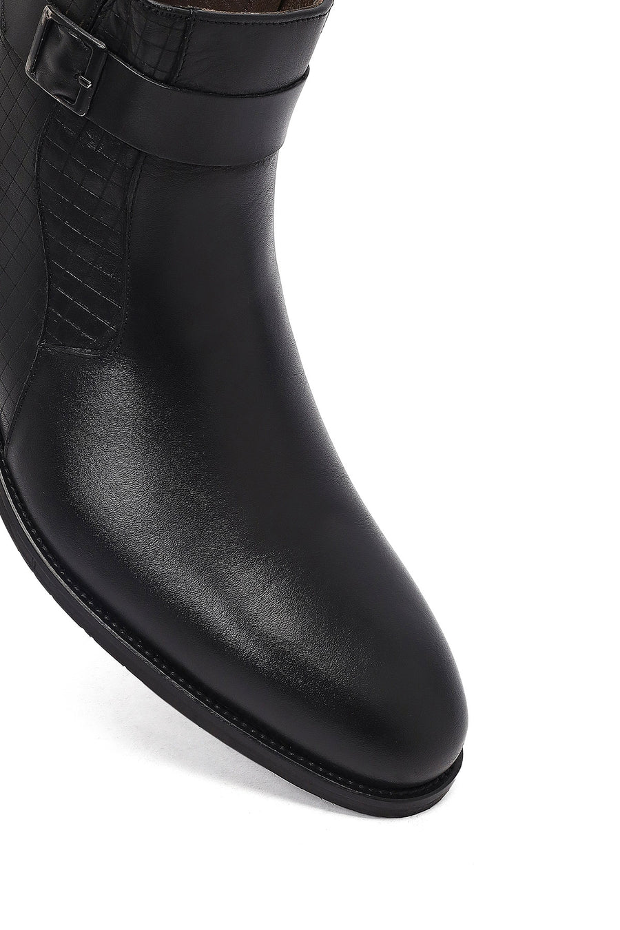 Men's Black Zippered Buckle Detail Leather Classic Boat
