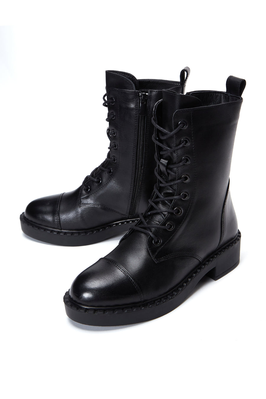 Women's Black Lace-up Zippered Boots