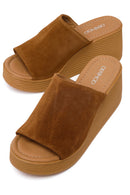 Woman Tan Wedge-Heel Suede Leather Slippers | Derimod