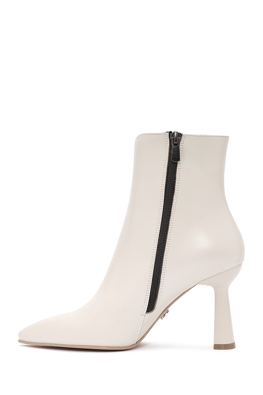 Women's Cream Zippered Thin Heel Leather Boots