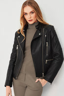 Giselle Women's Black Slim-Fit Biker Leather Jacket | Derimod
