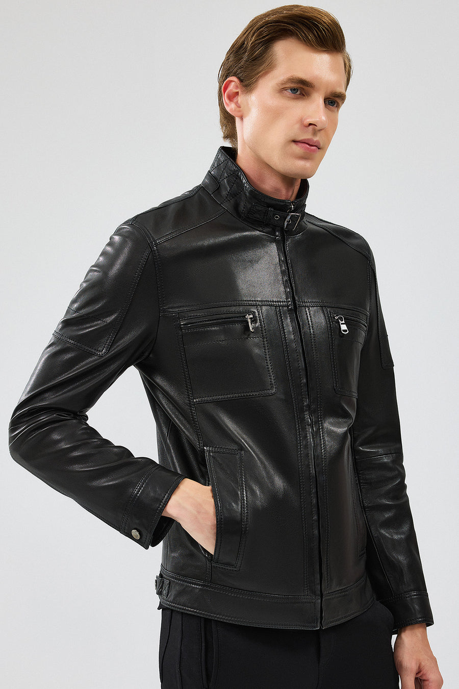 Wade Men's Black Slim-Fit Leather Coat