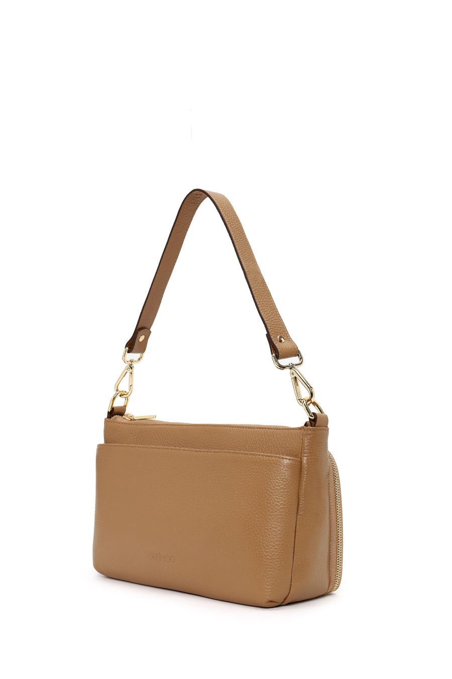 Woman Tan Long-Strap Leather Shoulder Bag