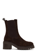 Woman Brown Chunky Heeled Suede Chelsea Boots | Derimod